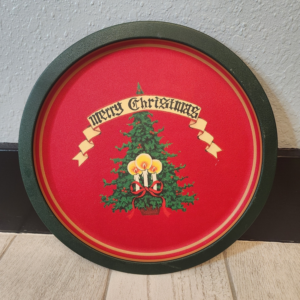 Vintage Merry Christmas Tin Round Serving Tray 12" Red Tree Candles Wangs Int'l